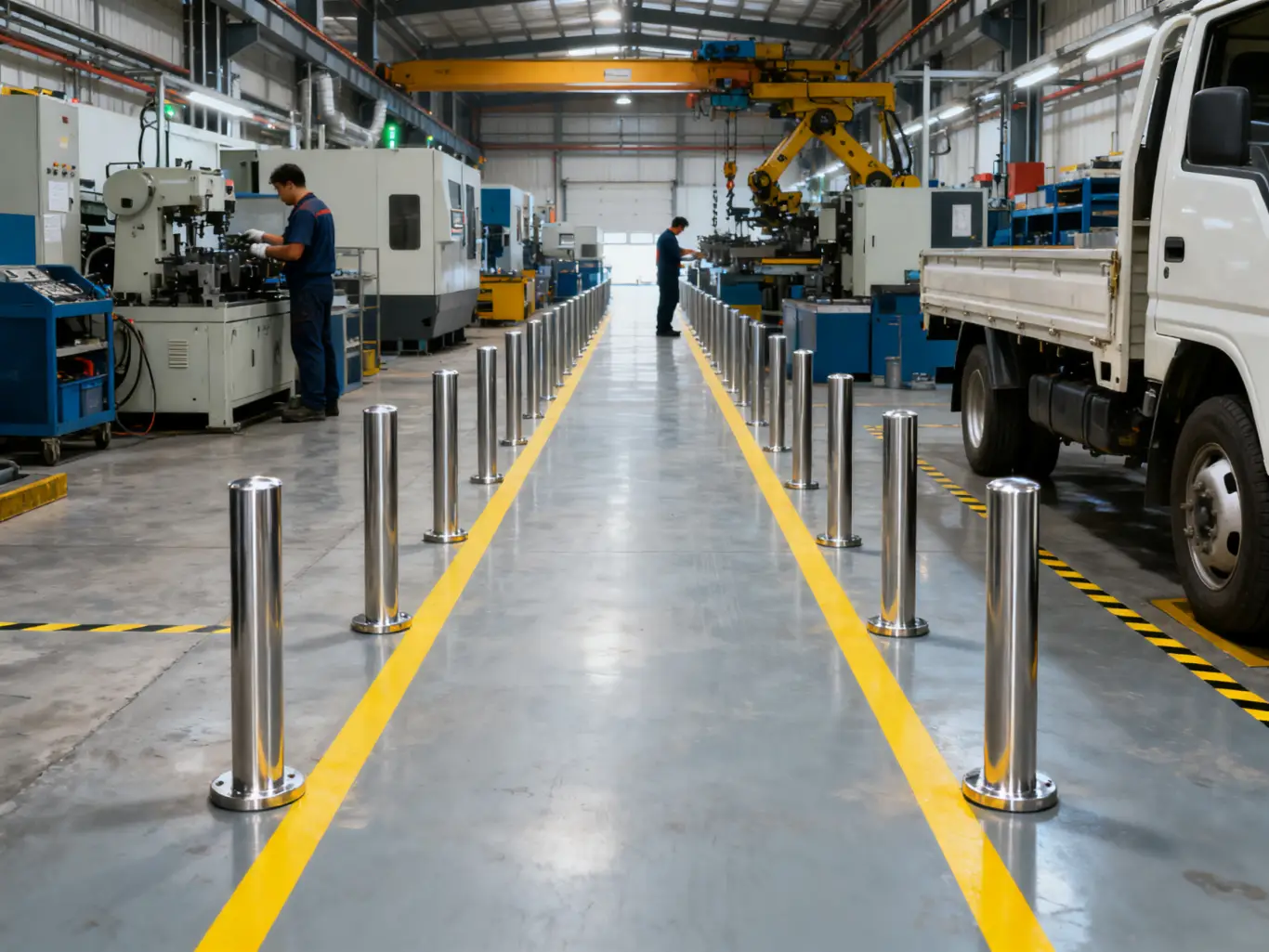 防撞桶布局_防撞柱厂家_车间安全规划_智能防撞系统